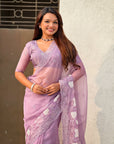 Pure Chanda Kora Silk Saree with Floral Embroidered Buttis And Applique Cutwork Border