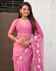 Pure Chanda Kora Silk Saree with Floral Embroidered Buttis And Applique Cutwork Border