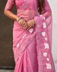 Pure Chanda Kora Silk Saree with Floral Embroidered Buttis And Applique Cutwork Border