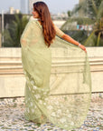 Pure Chanda Kora Silk Saree with Floral Embroidered Buttis And Applique Cutwork Border