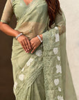 Pure Chanda Kora Silk Saree with Floral Embroidered Buttis And Applique Cutwork Border