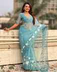 Pure Chanda Kora Silk Saree with Floral Embroidered Buttis And Applique Cutwork Border