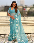 Pure Chanda Kora Silk Saree with Floral Embroidered Buttis And Applique Cutwork Border