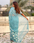 Pure Chanda Kora Silk Saree with Floral Embroidered Buttis And Applique Cutwork Border