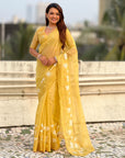 Pure Chanda Kora Silk Saree with Floral Embroidered Buttis And Applique Cutwork Border