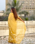 Pure Chanda Kora Silk Saree with Floral Embroidered Buttis And Applique Cutwork Border