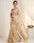 Beige Original Banarasi Checks Saree Designer Party Wear Saree With Beads Handwork Zari Border Rich Pallu Wedding Festive Saree