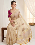 Beige Original Banarasi Checks Saree Designer Party Wear Saree With Beads Handwork Zari Border Rich Pallu Wedding Festive Saree