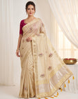 Beige Original Banarasi Checks Saree Designer Party Wear Saree With Beads Handwork Zari Border Rich Pallu Wedding Festive Saree