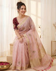 Pink Original Banarasi Checks Saree Designer Party Wear Saree With Beads Handwork Zari Border Rich Pallu Wedding Festive Saree