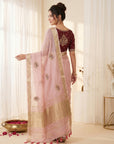 Pink Original Banarasi Checks Saree Designer Party Wear Saree With Beads Handwork Zari Border Rich Pallu Wedding Festive Saree