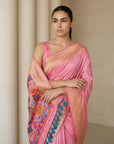 Baby Pink Soft Silk Saree Gold Zari Floral Motifs Meenakari Sparrow Pallu Saree With Running Blouse