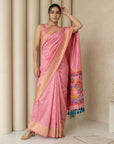 Baby Pink Soft Silk Saree Gold Zari Floral Motifs Meenakari Sparrow Pallu Saree With Running Blouse