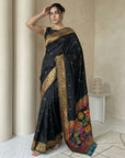 Black Soft Silk Saree Gold Zari Floral Motifs Meenakari Sparrow Pallu Saree With Running Blouse