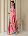 Baby Pink Soft Silk Saree Gold Zari Floral Motifs Meenakari Sparrow Pallu Saree With Running Blouse