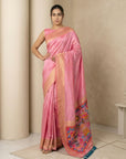 Baby Pink Soft Silk Saree Gold Zari Floral Motifs Meenakari Sparrow Pallu Saree With Running Blouse