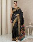 Black Soft Silk Saree Gold Zari Floral Motifs Meenakari Sparrow Pallu Saree With Running Blouse