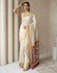 Cream Soft Silk Saree Gold Zari Floral Motifs Meenakari Sparrow Pallu Saree With Running Blouse