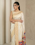 Cream Soft Silk Saree Gold Zari Floral Motifs Meenakari Sparrow Pallu Saree With Running Blouse