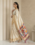Cream Soft Silk Saree Gold Zari Floral Motifs Meenakari Sparrow Pallu Saree With Running Blouse