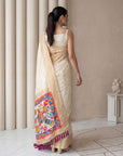 Cream Soft Silk Saree Gold Zari Floral Motifs Meenakari Sparrow Pallu Saree With Running Blouse