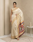 Cream Soft Silk Saree Gold Zari Floral Motifs Meenakari Sparrow Pallu Saree With Running Blouse