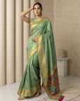 Green Soft Silk Saree Gold Zari Floral Motifs Meenakari Sparrow Pallu Saree With Running Blouse