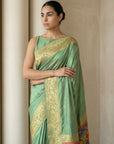 Green Soft Silk Saree Gold Zari Floral Motifs Meenakari Sparrow Pallu Saree With Running Blouse