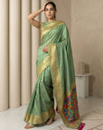 Green Soft Silk Saree Gold Zari Floral Motifs Meenakari Sparrow Pallu Saree With Running Blouse