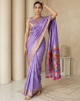 Lavender Soft Silk Saree Gold Zari Floral Motifs Meenakari Sparrow Pallu Saree With Running Blouse