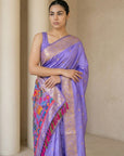Lavender Soft Silk Saree Gold Zari Floral Motifs Meenakari Sparrow Pallu Saree With Running Blouse