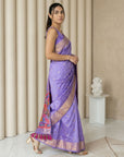 Lavender Soft Silk Saree Gold Zari Floral Motifs Meenakari Sparrow Pallu Saree With Running Blouse