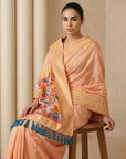Peach Soft Silk Saree Gold Zari Floral Motifs Meenakari Sparrow Pallu Saree With Running Blouse