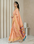 Peach Soft Silk Saree Gold Zari Floral Motifs Meenakari Sparrow Pallu Saree With Running Blouse