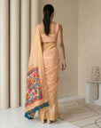 Peach Soft Silk Saree Gold Zari Floral Motifs Meenakari Sparrow Pallu Saree With Running Blouse