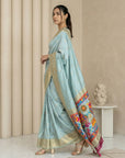 Sky Soft Silk Saree Gold Zari Floral Motifs Meenakari Sparrow Pallu Saree With Running Blouse