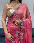 Shimmery Pink Space Silk Diamond Work Designer Fancy Saree