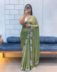 Shimmery Olive Green Space Silk Diamond Work Designer Fancy Saree