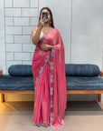 Shimmery Pink Space Silk Diamond Work Designer Fancy Saree