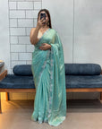 Shimmery Aqua Blue Space Silk Diamond Work Designer Fancy Saree