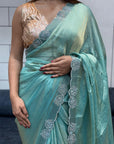 Shimmery Aqua Blue Space Silk Diamond Work Designer Fancy Saree