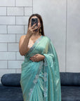 Shimmery Aqua Blue Space Silk Diamond Work Designer Fancy Saree