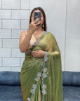 Shimmery Olive Green Space Silk Diamond Work Designer Fancy Saree
