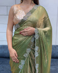 Shimmery Olive Green Space Silk Diamond Work Designer Fancy Saree