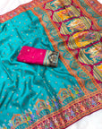 Blue Pure Viscose Silk Position Printed Traditional Darbari Saree