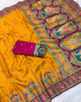Mustard Pure Viscose Silk Position Printed Traditional Darbari Saree