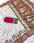 White Pure Viscose Silk Position Printed Traditional Darbari Saree