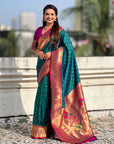 Green Zari Woven Bandhani Paithani Fusion Silk Saree