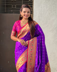Purple Zari Woven Bandhani Paithani Fusion Silk Saree