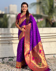 Purple Zari Woven Bandhani Paithani Fusion Silk Saree